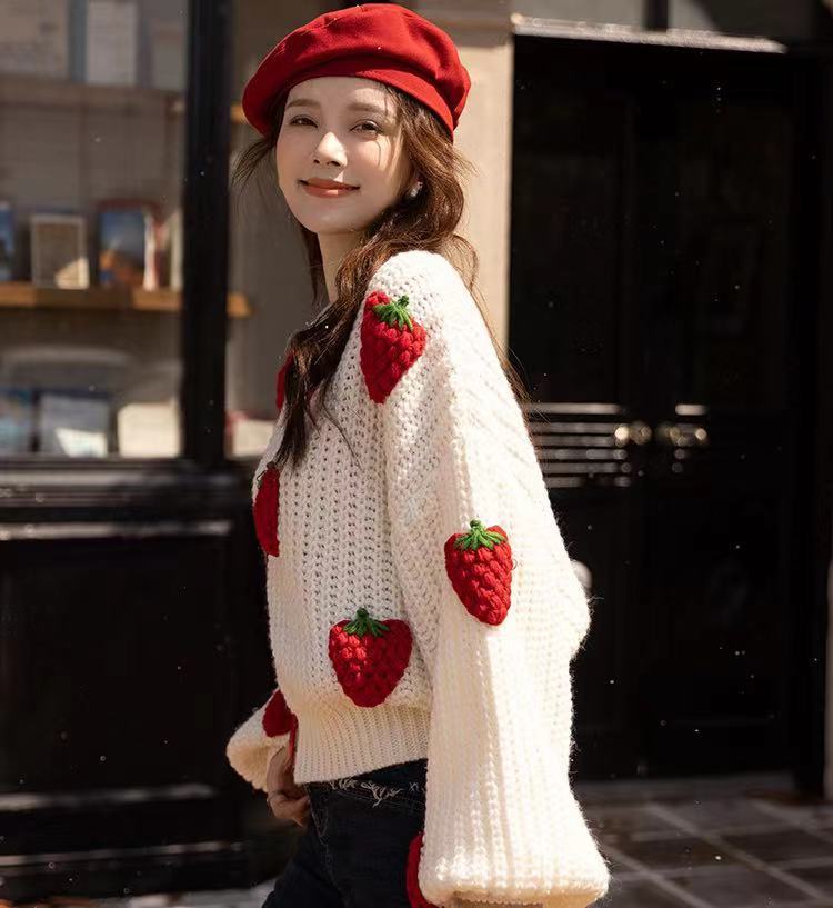 Loose Strawberry Crochet Knit Sweater