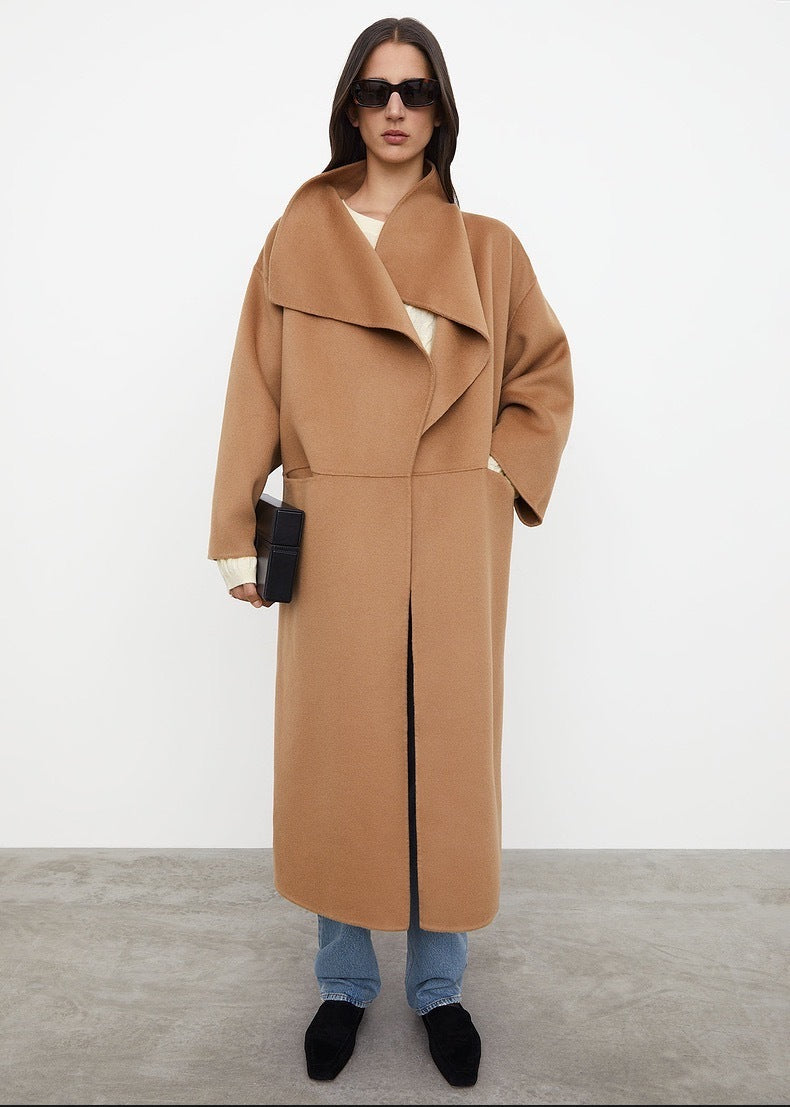 Lapel Coat Double-sided Wool Cashmere Side Split Long Coat For Women