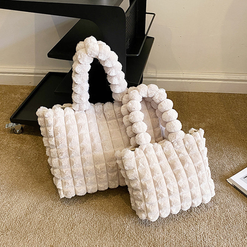 Women's Winter Plaid Plush Tote – High-Capacity Handbag