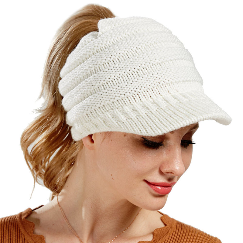 Women's Ponytail Beanie – Soft Knitted Autumn/Winter Skull Cap