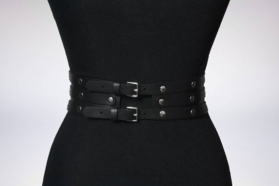 Women's Black Leather Waist Belt – 3-Layer Rivet Body Harness
