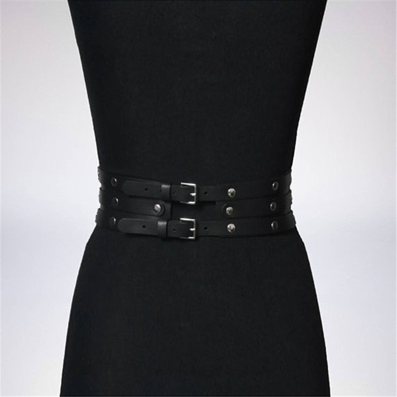 Women's Black Leather Waist Belt – 3-Layer Rivet Body Harness