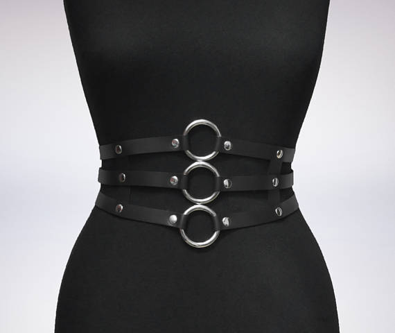 Women's Black Leather Waist Belt – 3-Layer Rivet Body Harness