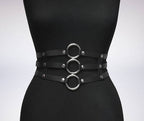 Women's Black Leather Waist Belt – 3-Layer Rivet Body Harness