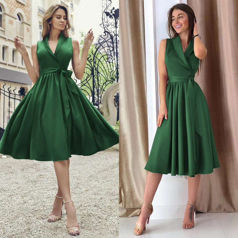 Women's Casual Sleeveless Belted Midi Dress