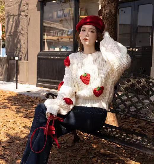 Loose Strawberry Crochet Knit Sweater