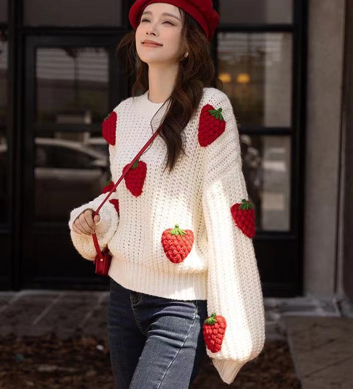 Loose Strawberry Crochet Knit Sweater