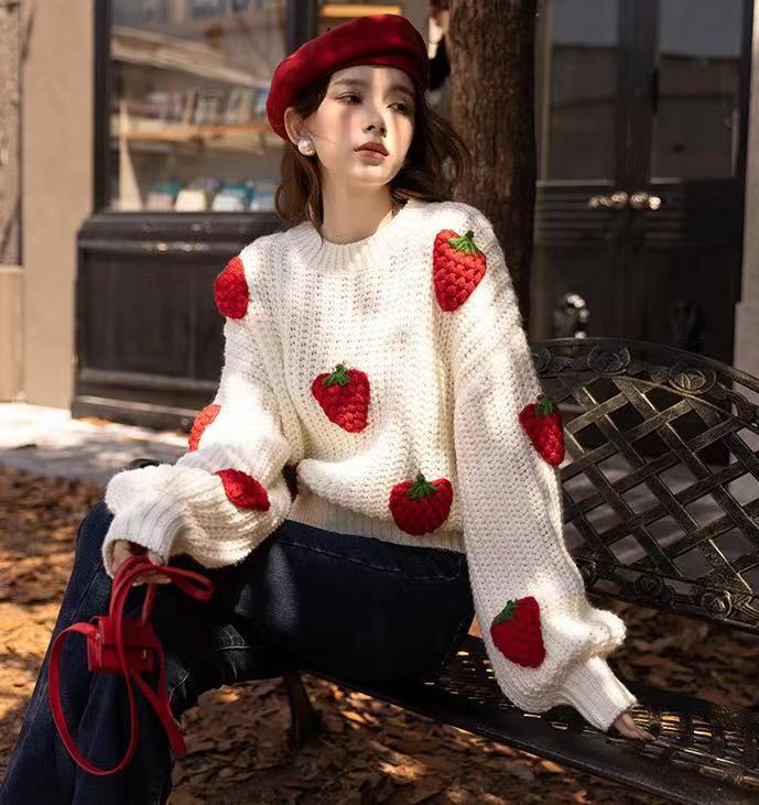 Loose Strawberry Crochet Knit Sweater