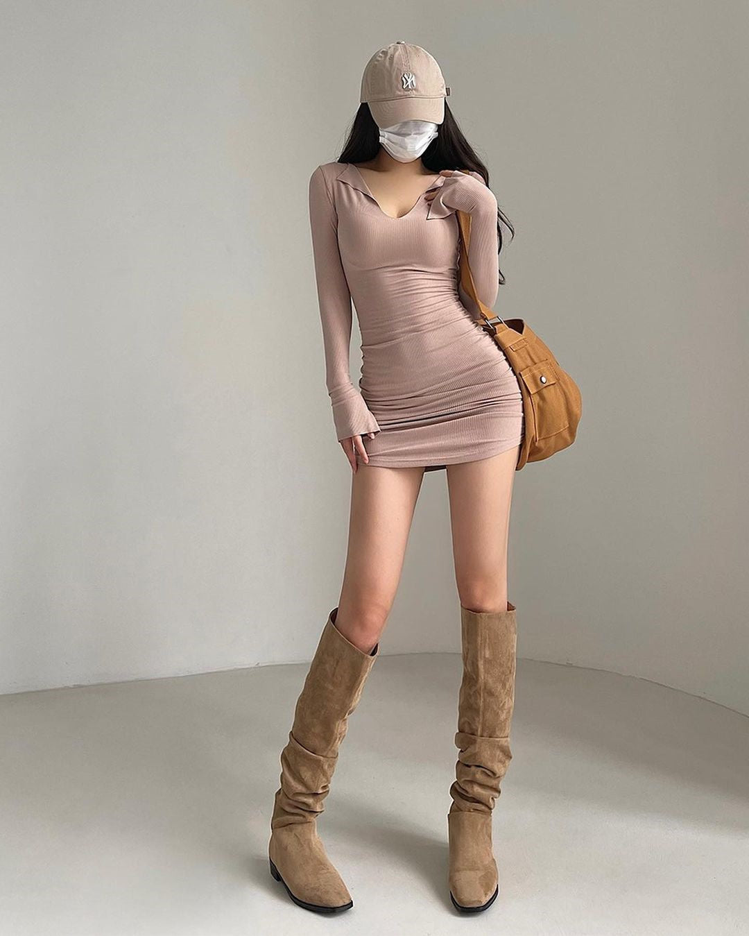 V-Neck Long Sleeve Knitted Bodycon Dress