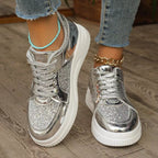 Women's Lace-Up Sequin Sneakers – Flat, Thick-Soled, Non-Slip Walking Shoes