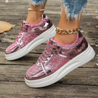 Women's Lace-Up Sequin Sneakers – Flat, Thick-Soled, Non-Slip Walking Shoes
