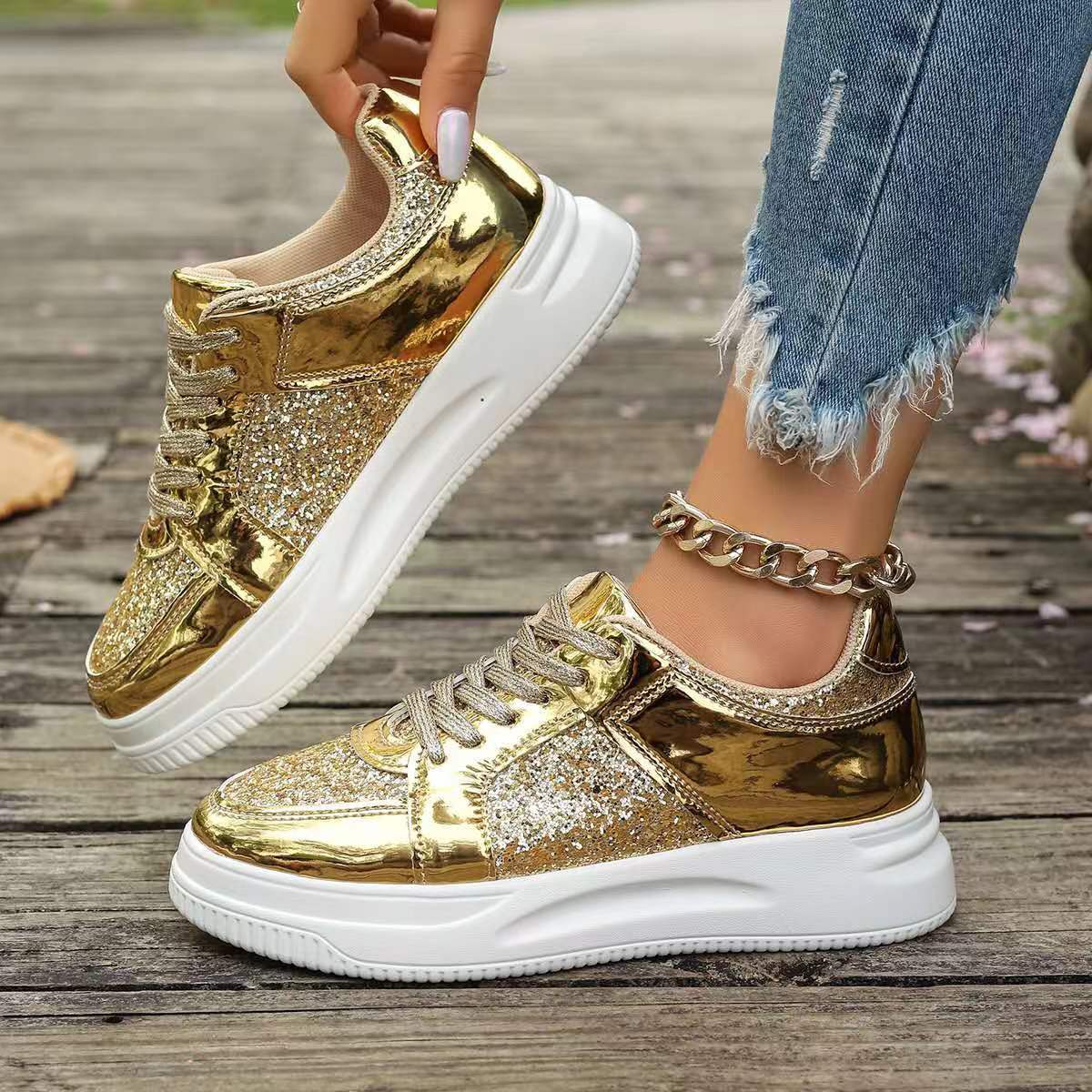 Women's Lace-Up Sequin Sneakers – Flat, Thick-Soled, Non-Slip Walking Shoes