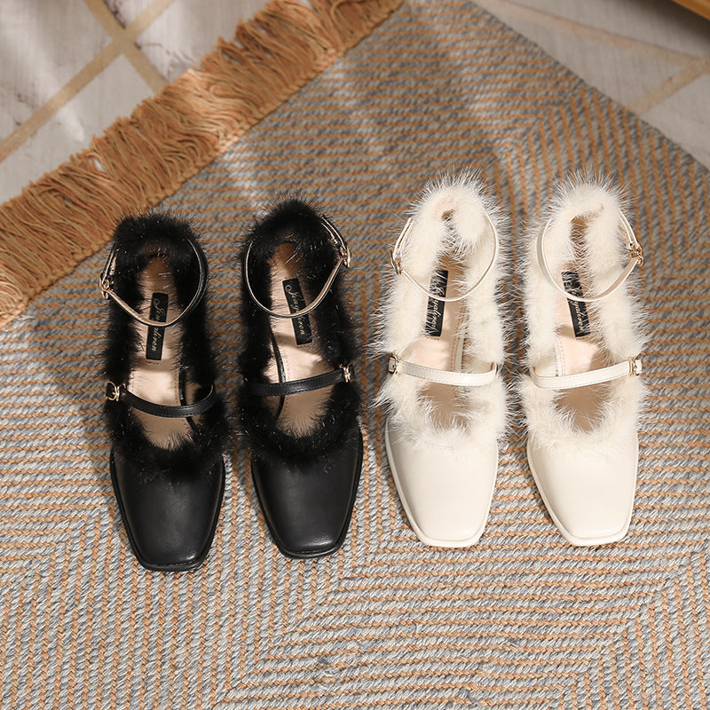 Women's Retro Square-Toe Mink Fur Chunky Heels – French Style