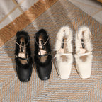 Women's Retro Square-Toe Mink Fur Chunky Heels – French Style