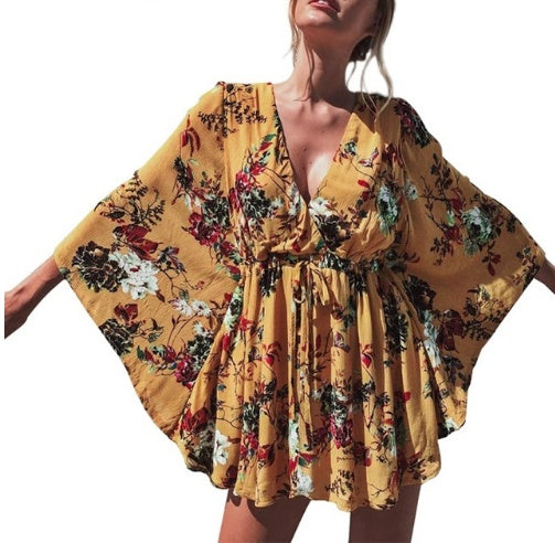 Boho Flower Batwing Sleeve Dress