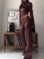 Brown Crop Top High Waist Pants Suit