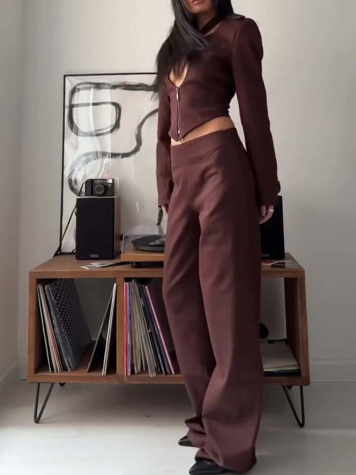 Brown Crop Top High Waist Pants Suit