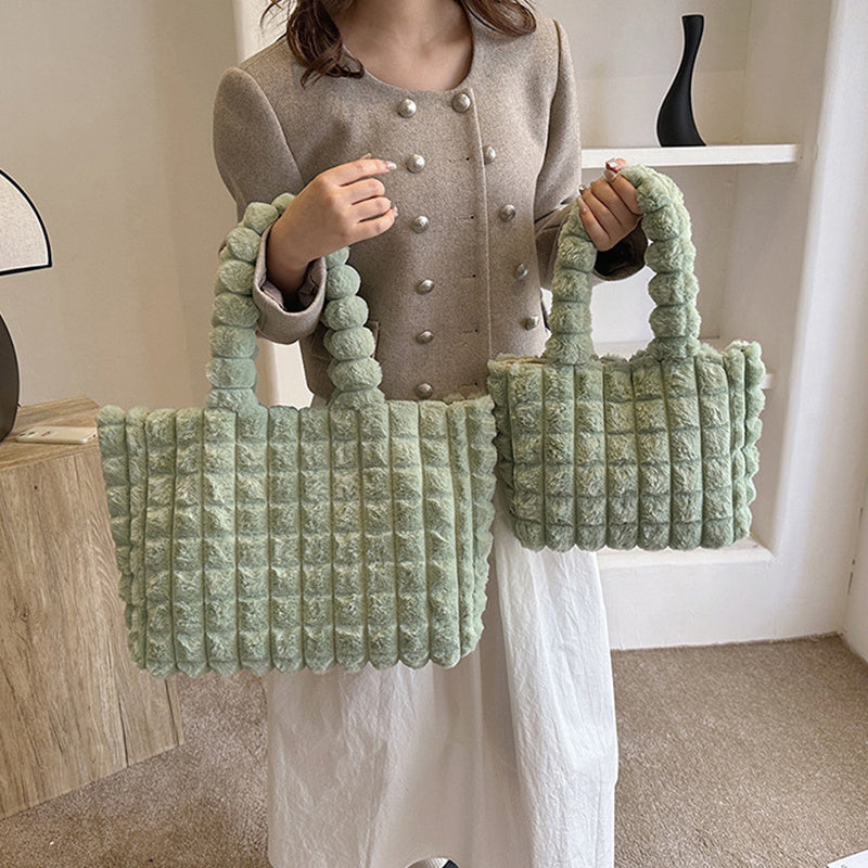 Women's Winter Plaid Plush Tote – High-Capacity Handbag