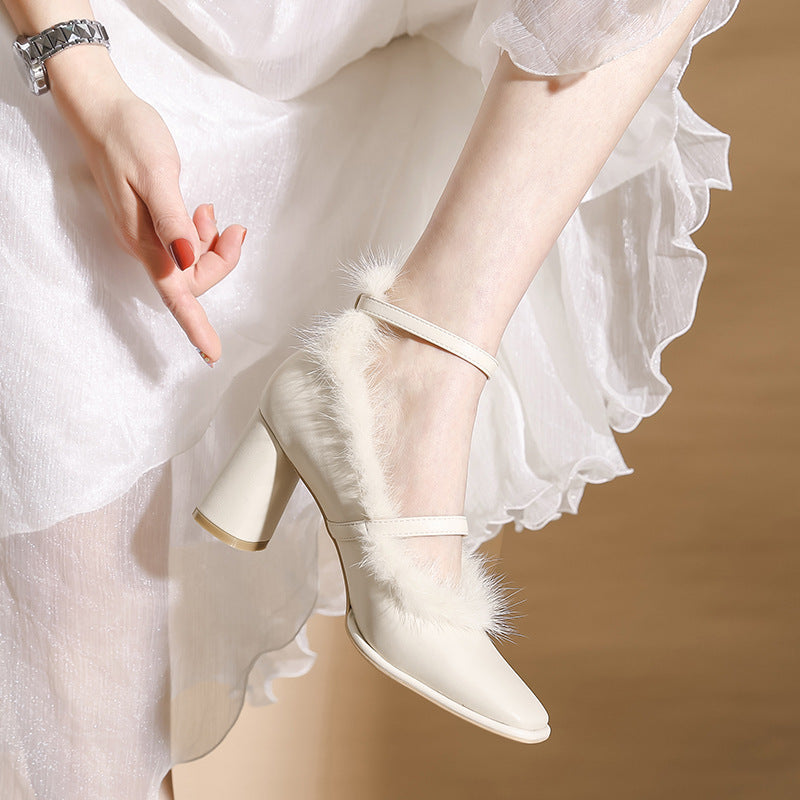 Women's Retro Square-Toe Mink Fur Chunky Heels – French Style
