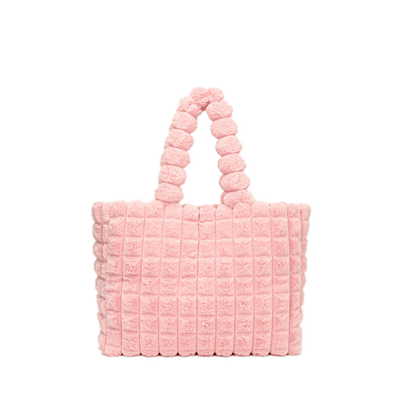 Women's Winter Plaid Plush Tote – High-Capacity Handbag