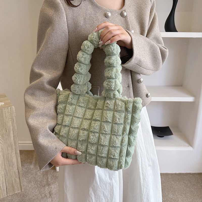 Women's Winter Plaid Plush Tote – High-Capacity Handbag