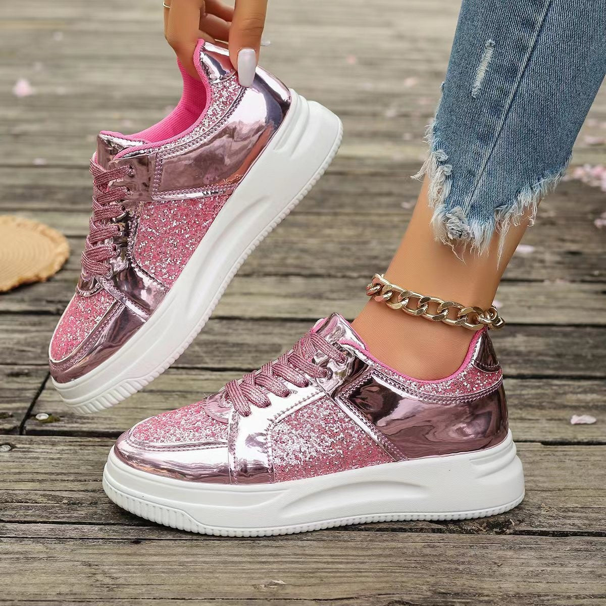 Women's Lace-Up Sequin Sneakers – Flat, Thick-Soled, Non-Slip Walking Shoes