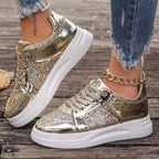Women's Lace-Up Sequin Sneakers – Flat, Thick-Soled, Non-Slip Walking Shoes