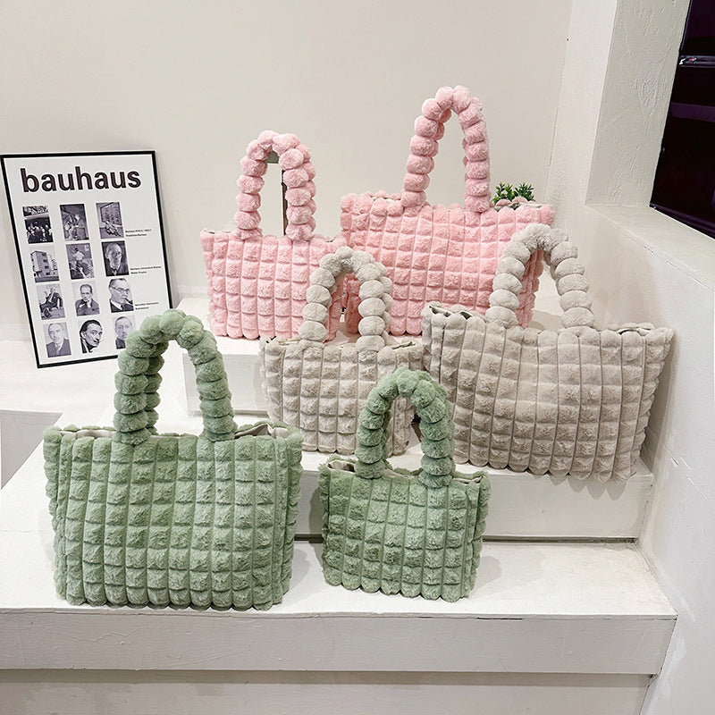 Women's Winter Plaid Plush Tote – High-Capacity Handbag