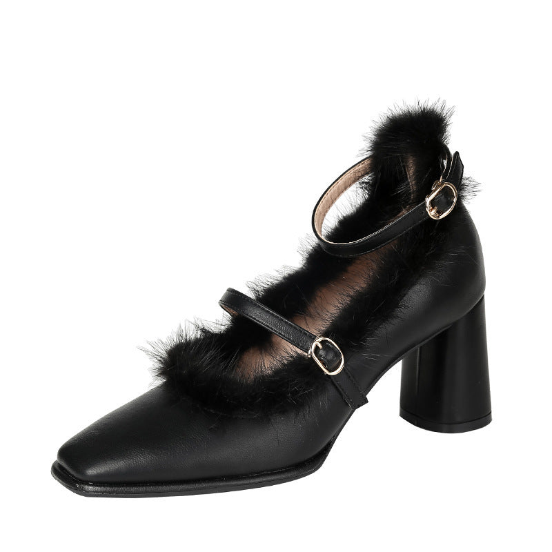 Women's Retro Square-Toe Mink Fur Chunky Heels – French Style