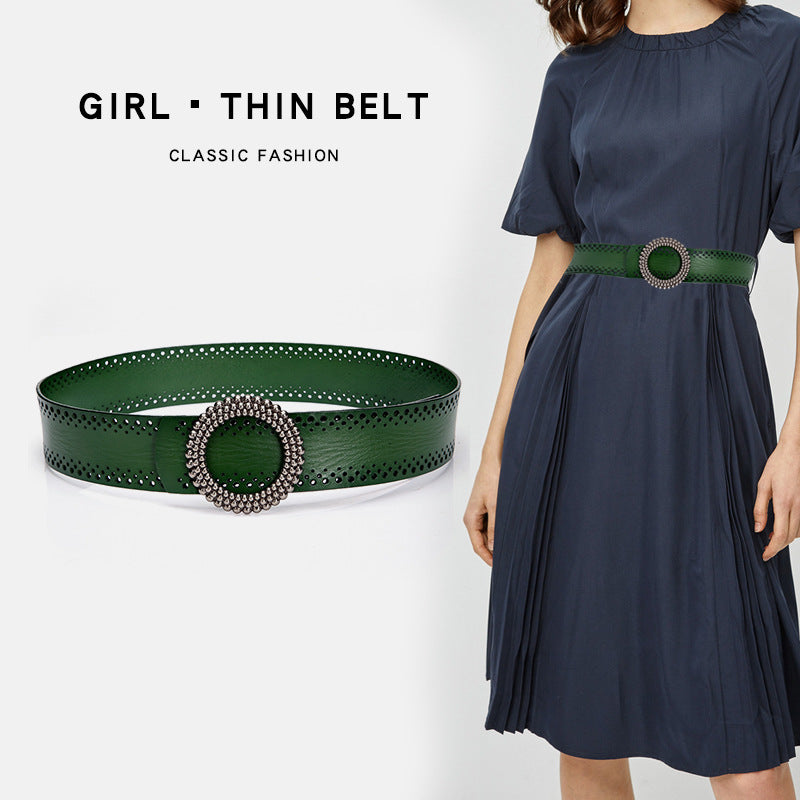 Women's Green Leather No-Hole Belt