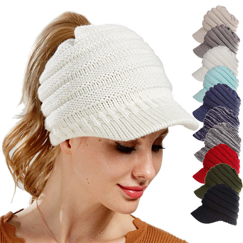 Women's Ponytail Beanie – Soft Knitted Autumn/Winter Skull Cap