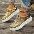 Women's Lace-Up Sequin Sneakers – Flat, Thick-Soled, Non-Slip Walking Shoes