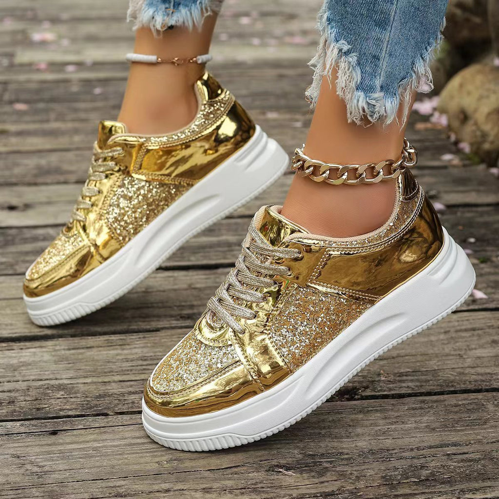 Women's Lace-Up Sequin Sneakers – Flat, Thick-Soled, Non-Slip Walking Shoes