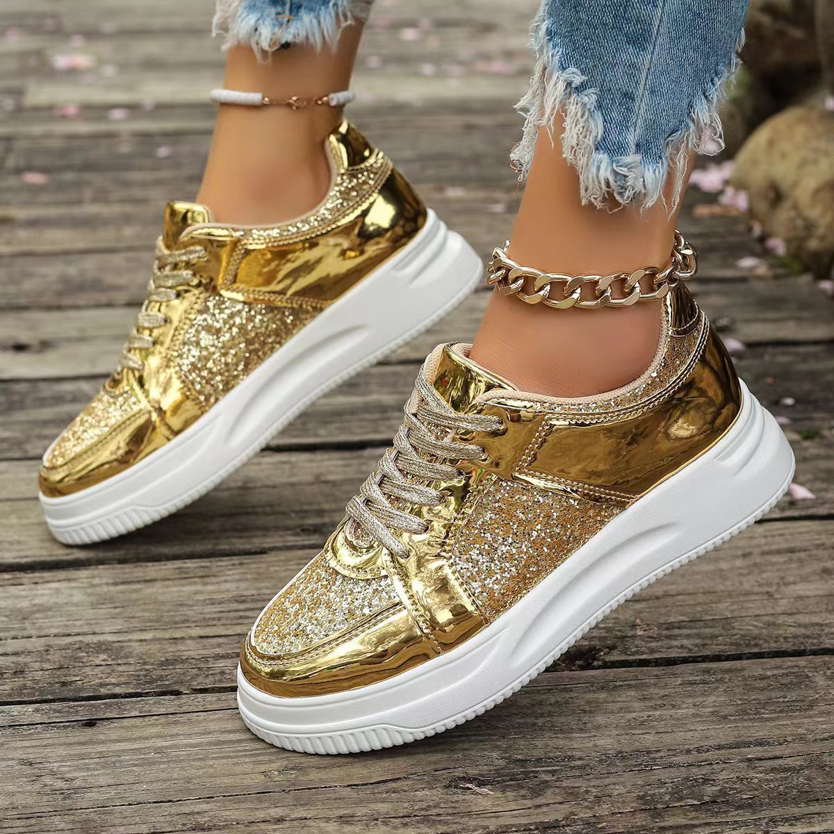 Women's Lace-Up Sequin Sneakers – Flat, Thick-Soled, Non-Slip Walking Shoes