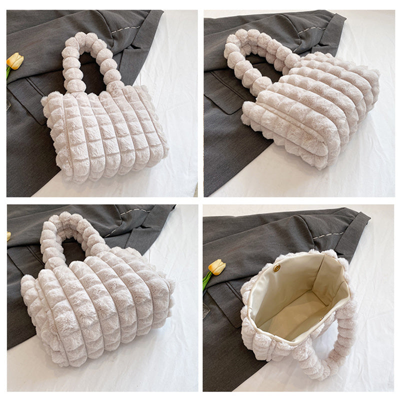 Women's Winter Plaid Plush Tote – High-Capacity Handbag