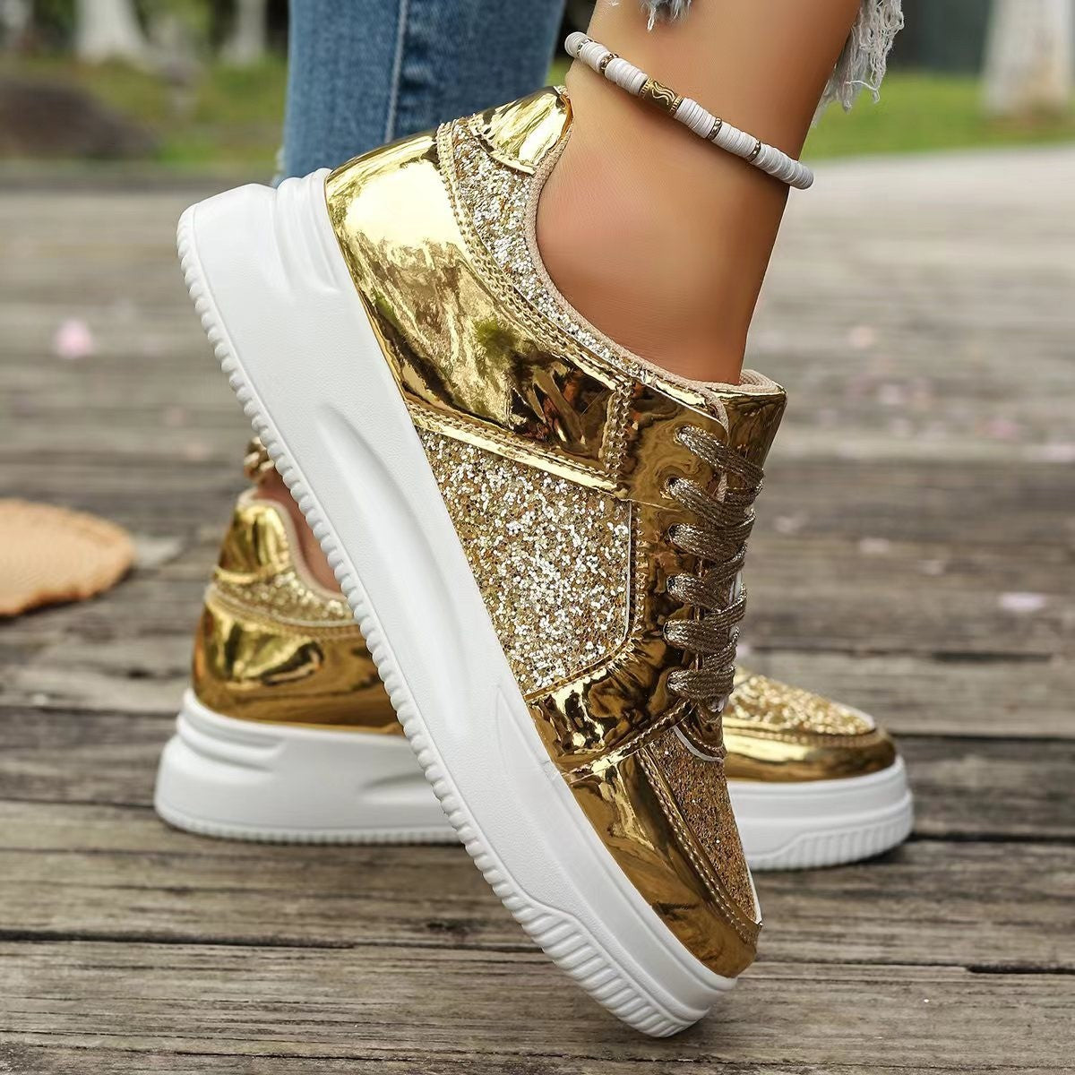 Women's Lace-Up Sequin Sneakers – Flat, Thick-Soled, Non-Slip Walking Shoes