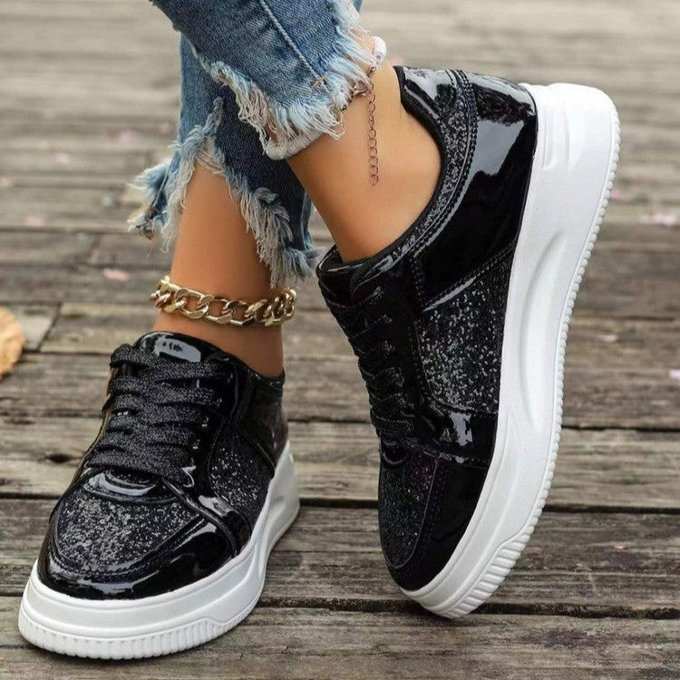 Women's Lace-Up Sequin Sneakers – Flat, Thick-Soled, Non-Slip Walking Shoes