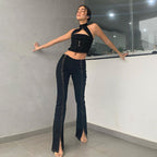 Women's Crimp Halter Cutout Crop Top And Pants