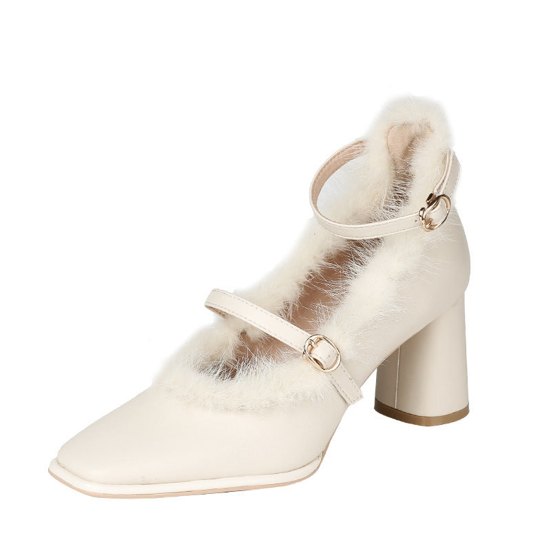 Women's Retro Square-Toe Mink Fur Chunky Heels – French Style