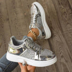 Women's Lace-Up Sequin Sneakers – Flat, Thick-Soled, Non-Slip Walking Shoes