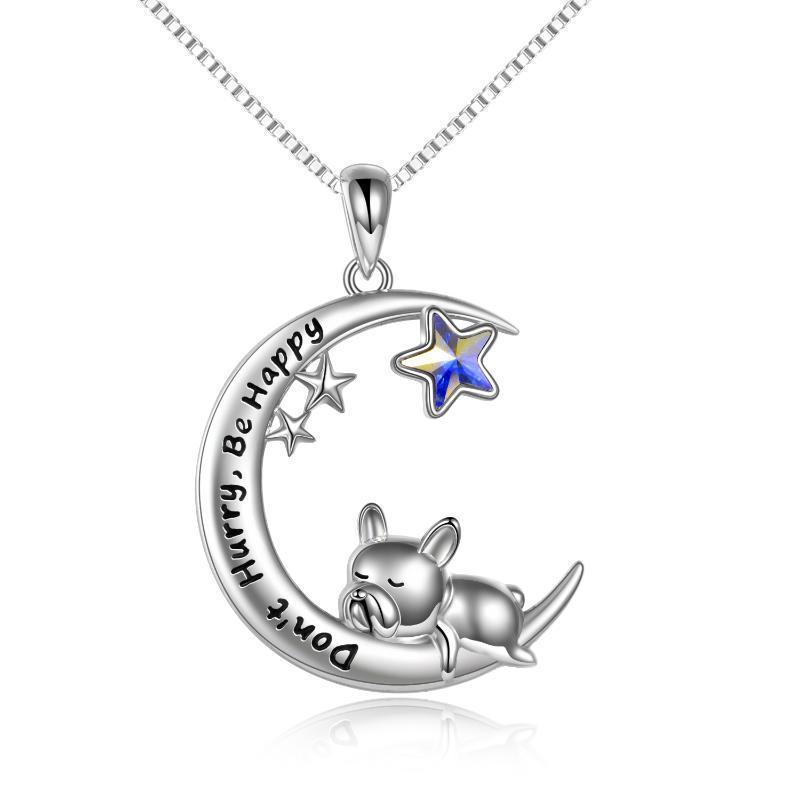 Sterling Silver Bulldog Moon Pendant Necklace