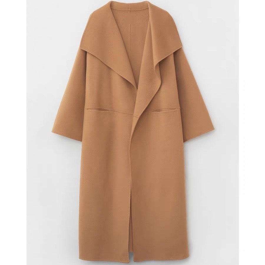 Lapel Coat Double-sided Wool Cashmere Side Split Long Coat For Women