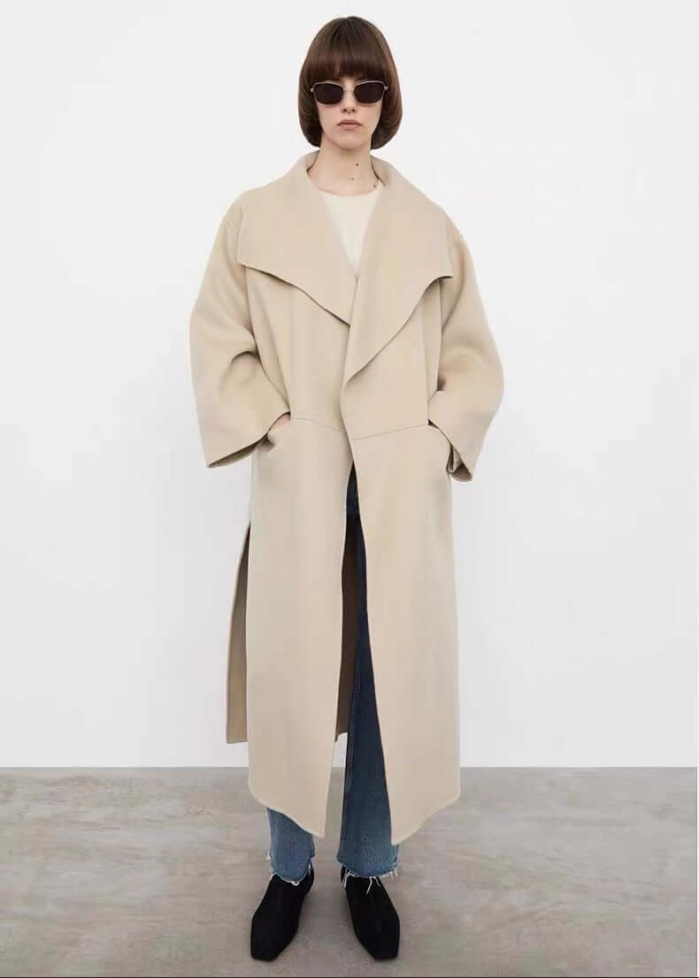 Lapel Coat Double-sided Wool Cashmere Side Split Long Coat For Women