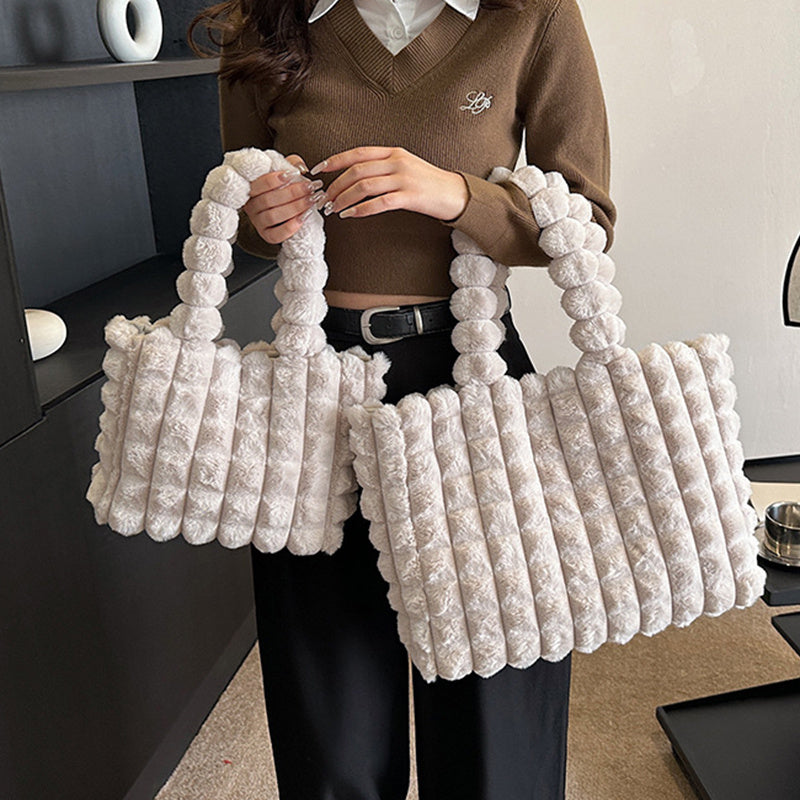 Women's Winter Plaid Plush Tote – High-Capacity Handbag