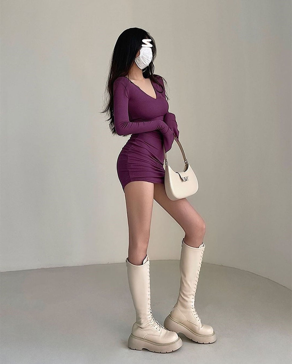 V-Neck Long Sleeve Knitted Bodycon Dress